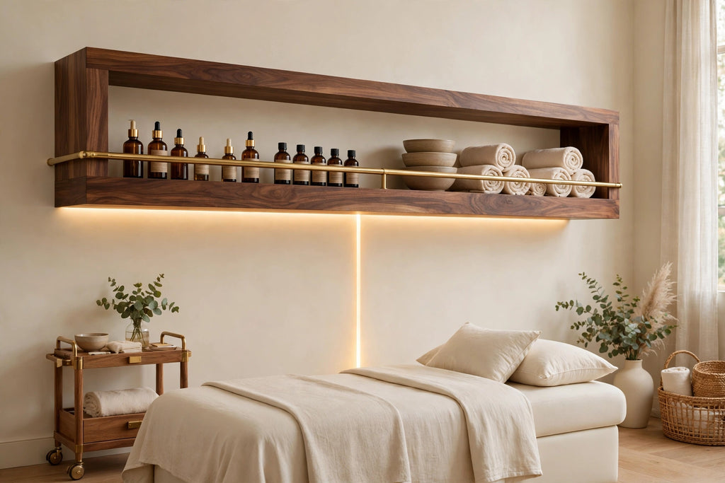 Custom lit walnut shelf with brass rail — open storage