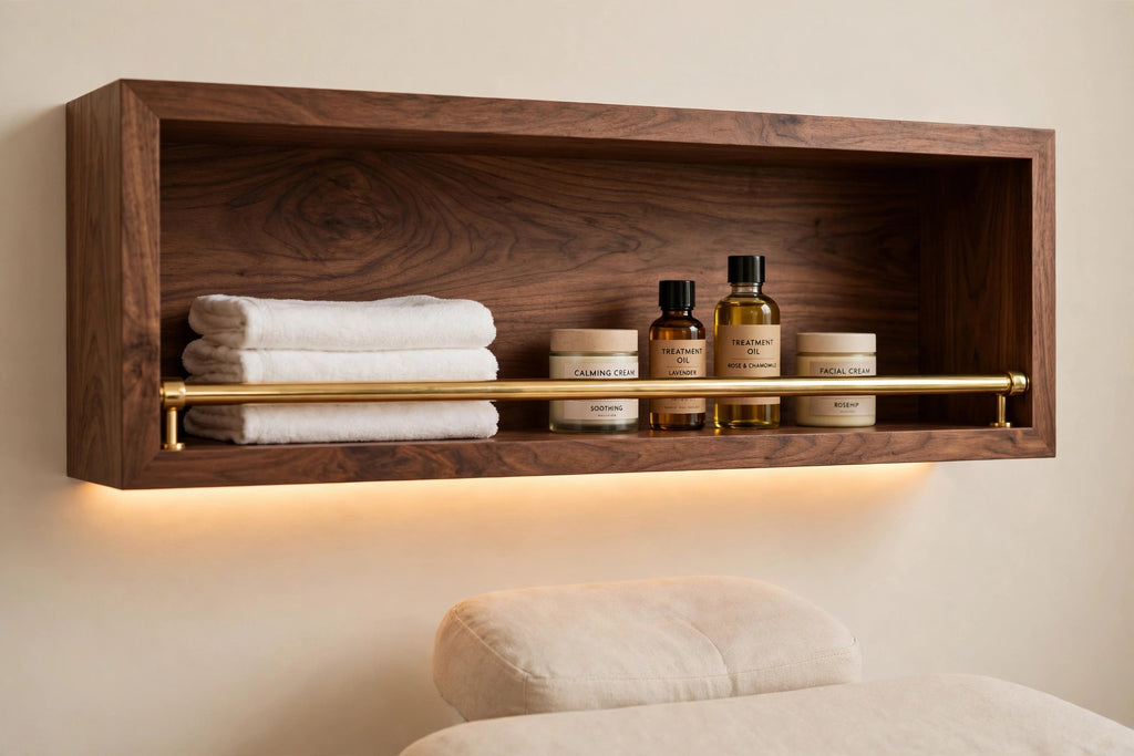 Custom lit walnut shelf with brass rail — open storage