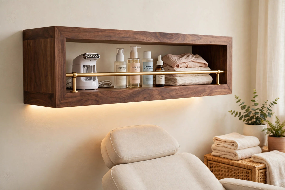 Custom lit walnut shelf with brass rail — open storage