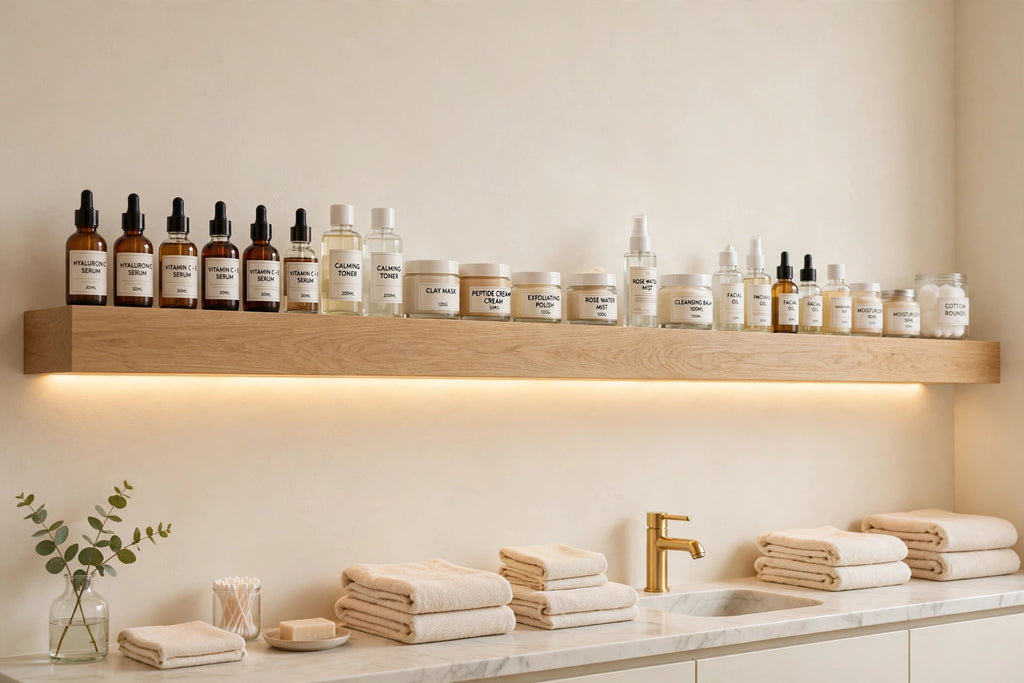 Custom lit white oak spa back-bar shelf — open storage