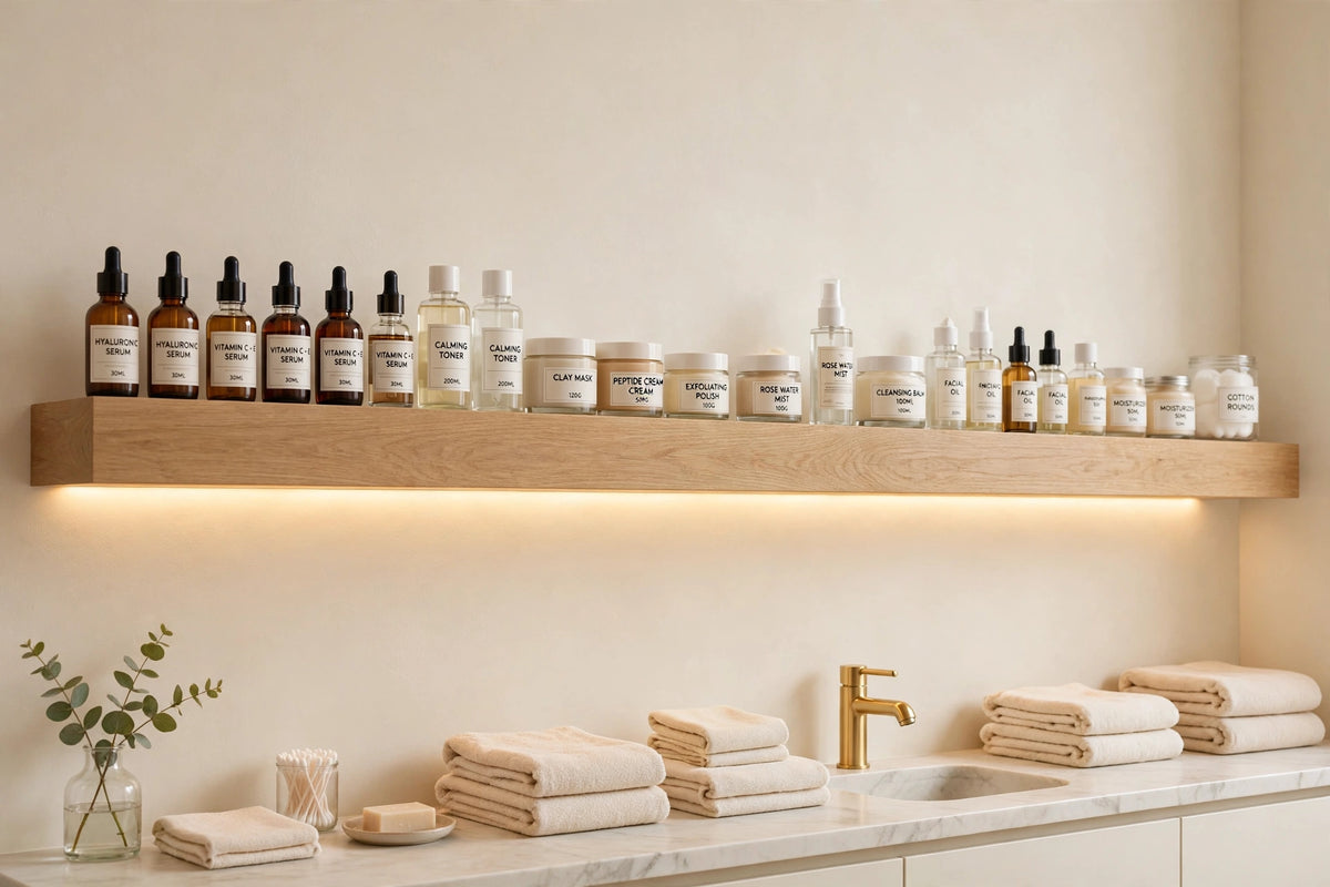 Custom lit white oak spa back-bar shelf — open storage