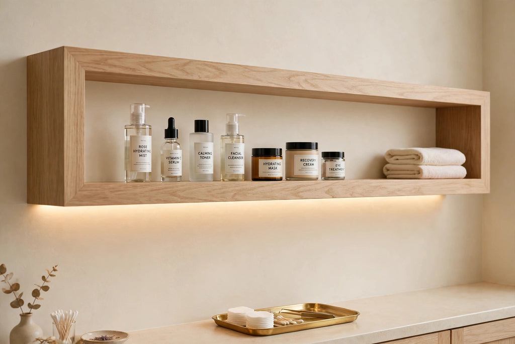 Custom lit white oak spa back-bar shelf — open storage