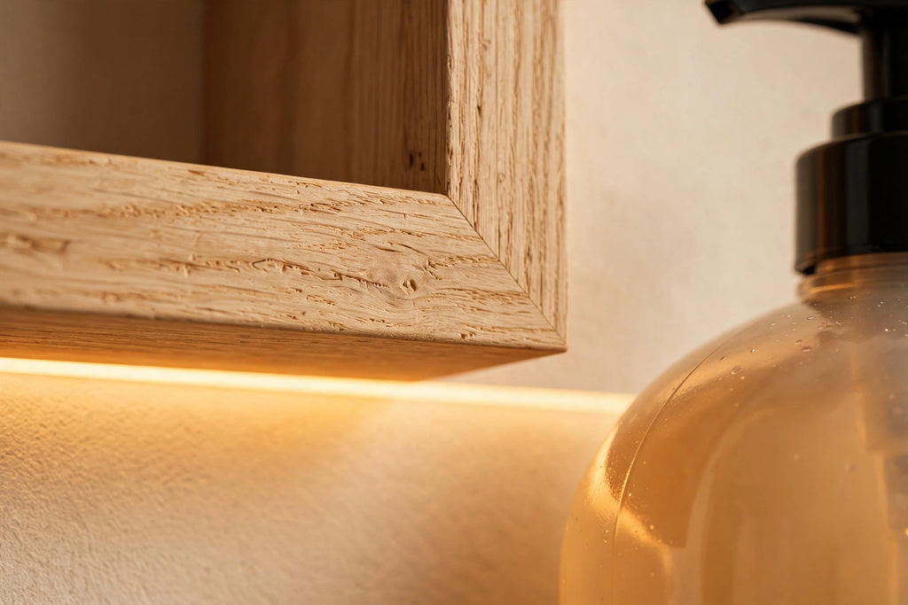 Custom lit white oak spa back-bar shelf — open storage