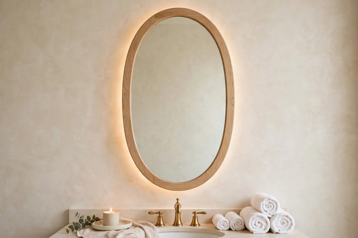 Custom lit white oak oval vanity mirror