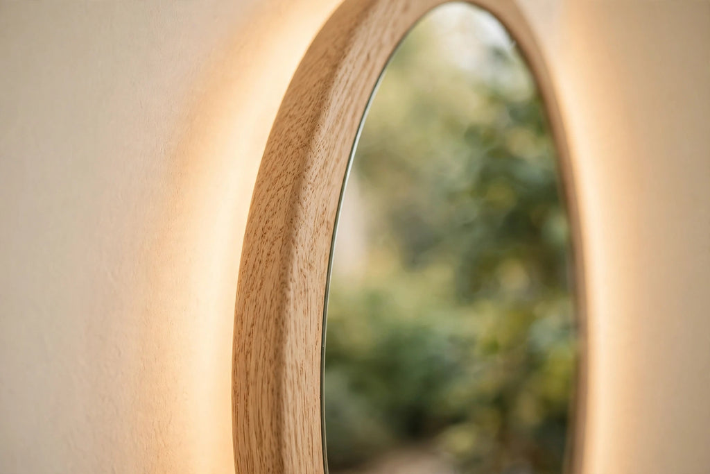Custom lit white oak oval vanity mirror