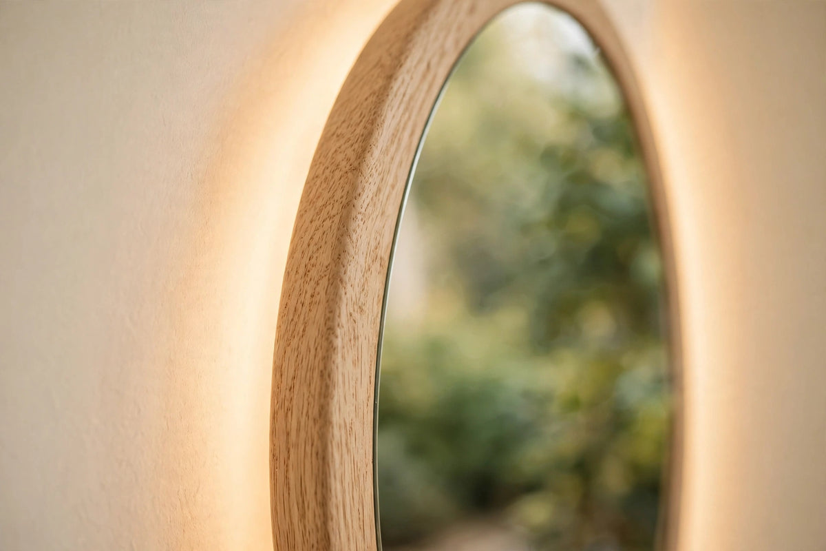 Custom lit white oak oval vanity mirror