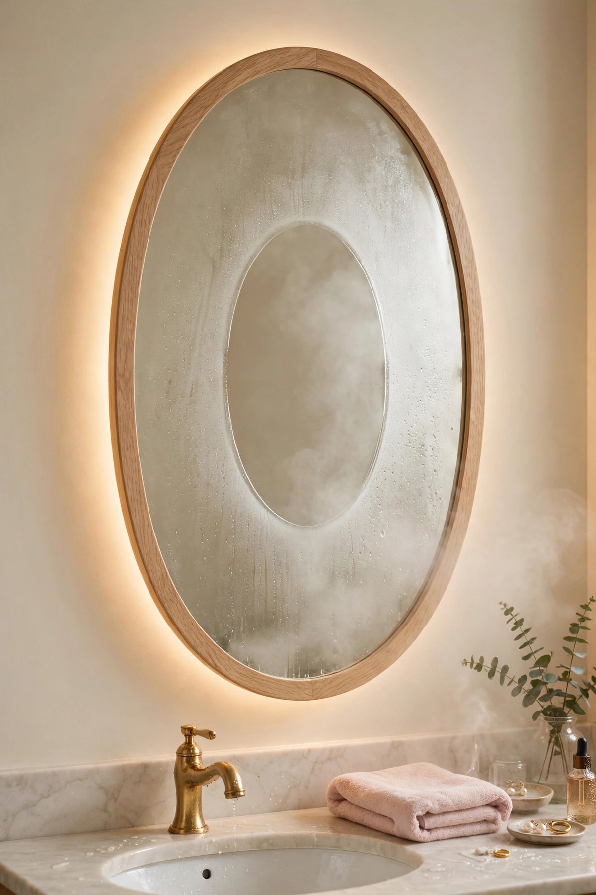Custom lit white oak oval vanity mirror