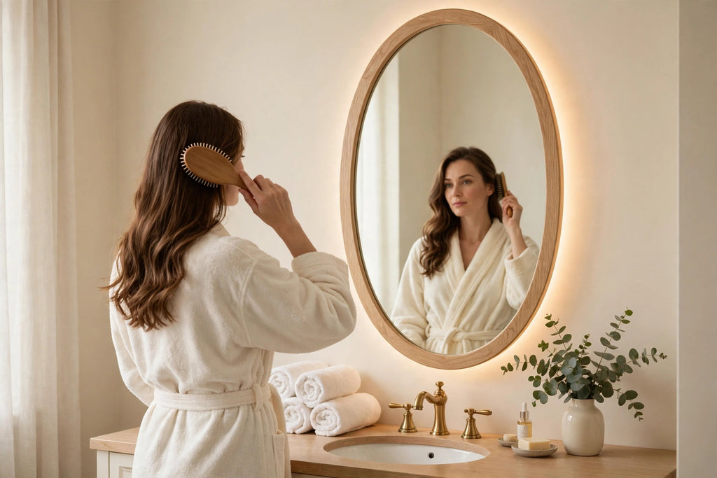 Custom lit white oak oval vanity mirror