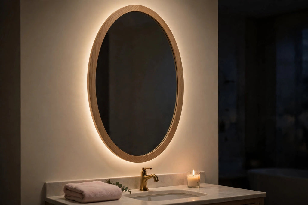 Custom lit white oak oval vanity mirror