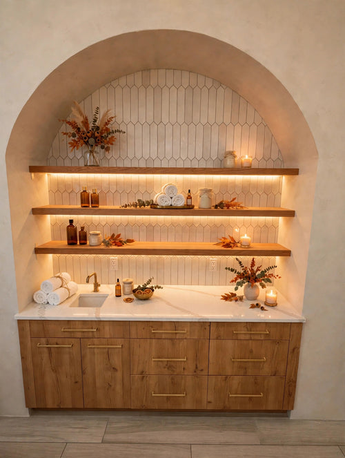 Custom lit alder floating shelf — styled