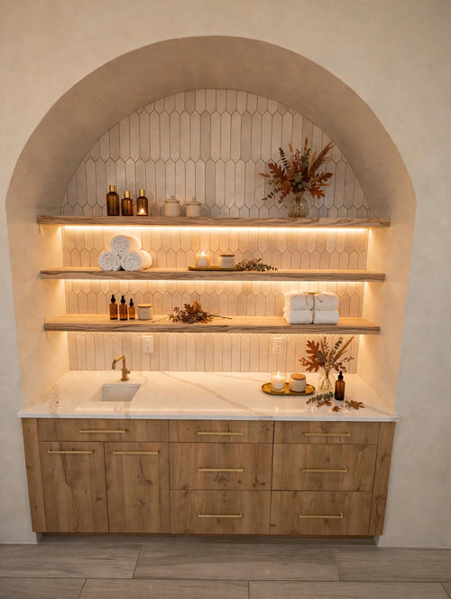 Custom lit ash floating shelf — styled
